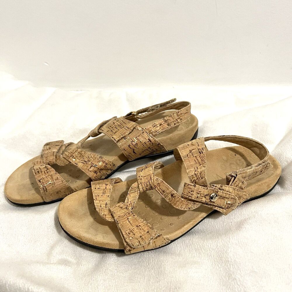 VIONIC Paros Cork Strappy Sandals Women's US 10 Tan Brown Flat Orthaheel Comfort